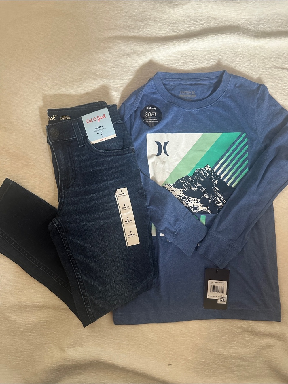 Hurley Blue Long Sleeve Mountain Graphic Tee with Dark Blue Jeans